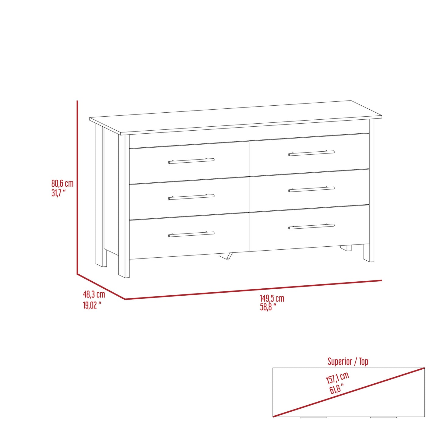 Hms 6 Drawer Double Dresser, Four Legs, Superior Top -White