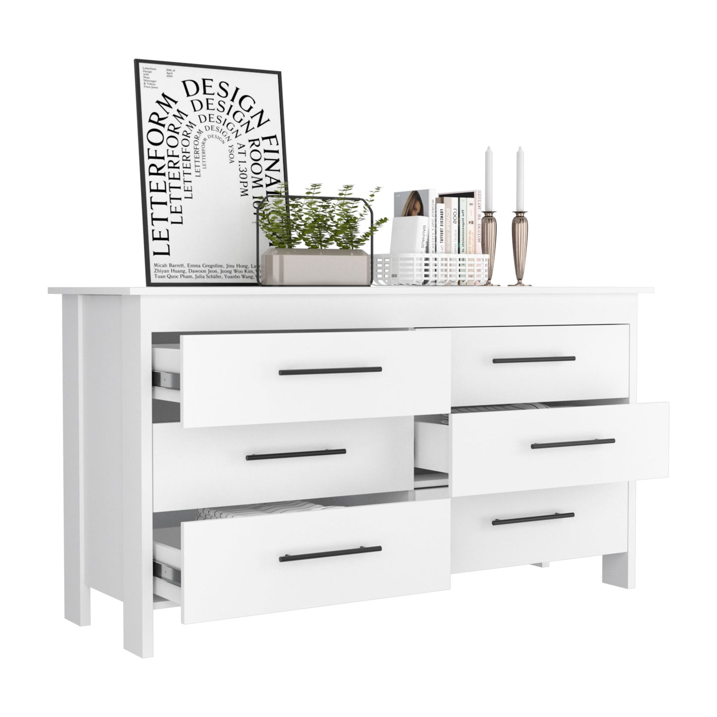 Hms 6 Drawer Double Dresser, Four Legs, Superior Top -White